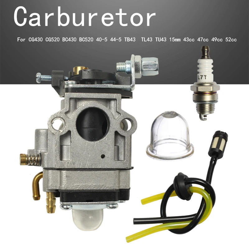 MP15 Carburetor Carb Kit 2 Stroke For Grass Cutter CG430 CG520 BC430 BC520 52cc With Fuel Line Filter Primer Bulb Spark Plug