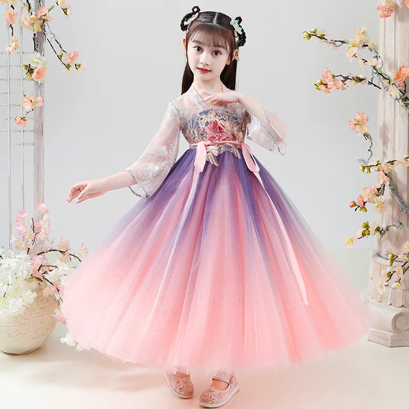 

Girls Hanfu Kids Clothes Dress For Spring Summer 2023 New Children'S Tang Suit Mesh Lace Flare Sleeve Fairy Ancient Costume