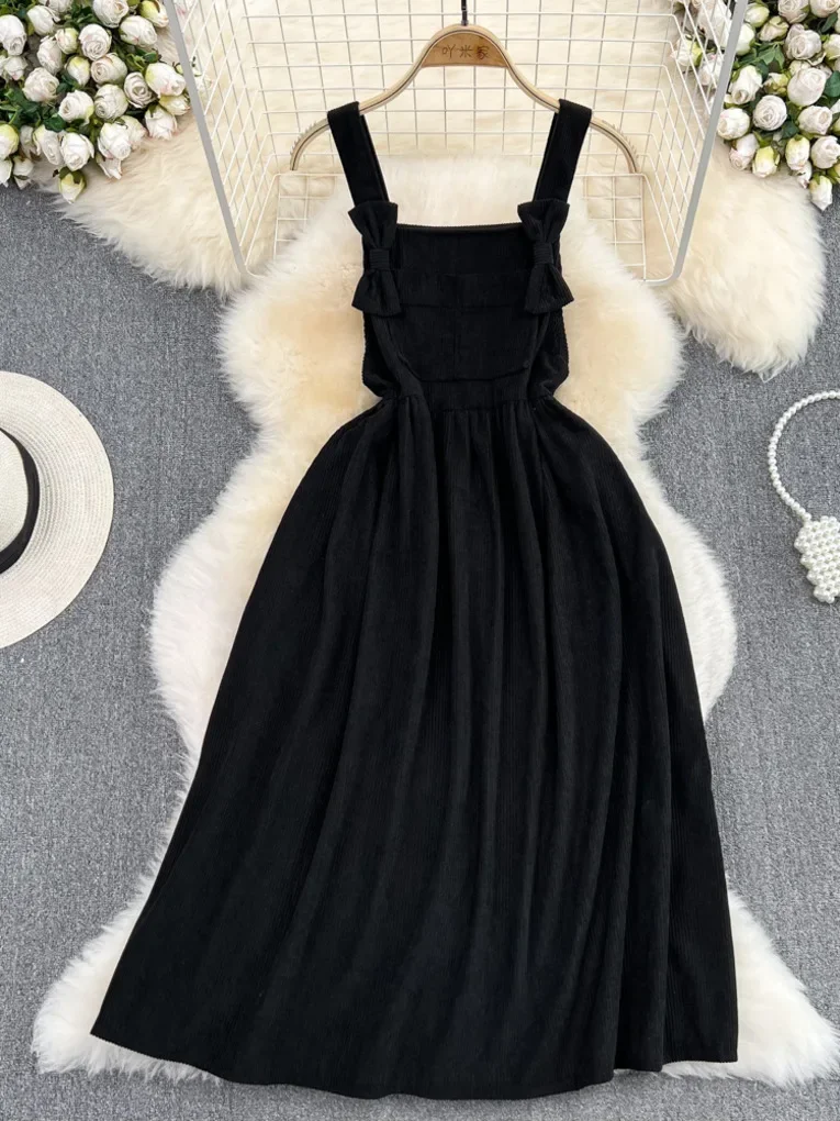 Foamlina Casual Women Corduroy Dress New Spring Autumn Spaghetti Strap Sleeveless Loose Waist A-line Midi Vintage Female Dress