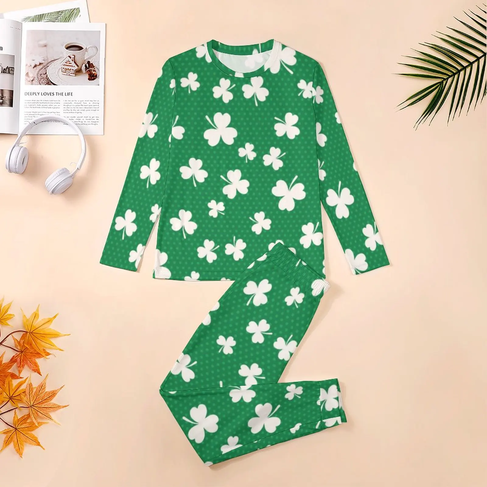 Shamrock Pattern Pajamas St Patricks Day Men Long Sleeve Elegant Pajamas Set Two Piece Home Spring Graphic Home Suit Gift Idea