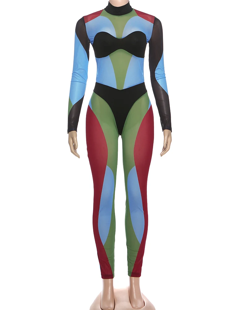 Seltsame Puss Bunte Print Overall Frau Durchsichtig Patchwork Fitness Sexy Skinny Stretch Hipster Mitternacht Clubwear Overalls