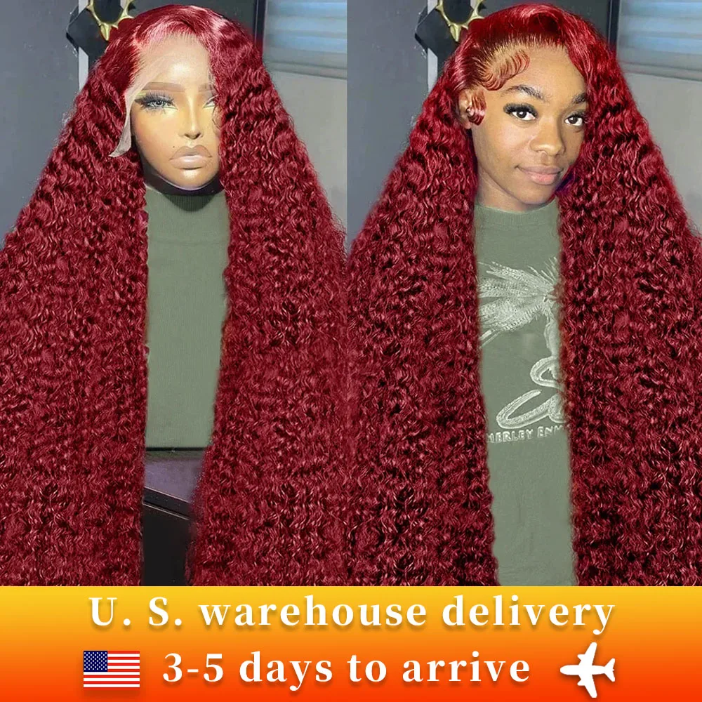 Peluca de cabello humano rizado con encaje Frontal para mujer, postizo de 30, 40 y 99J, color borgoña, 13x5, 13x6, color rojo, 200 de densidad