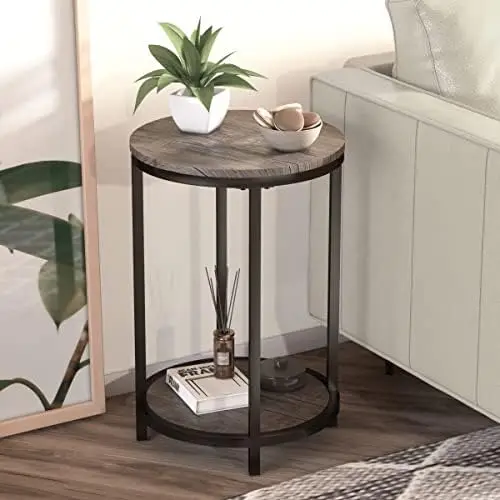 Round Side Table Set of 2,16in Rustic Wooden End Table Surface Top & Sturdy Metal Legs Nightstand for Living Room