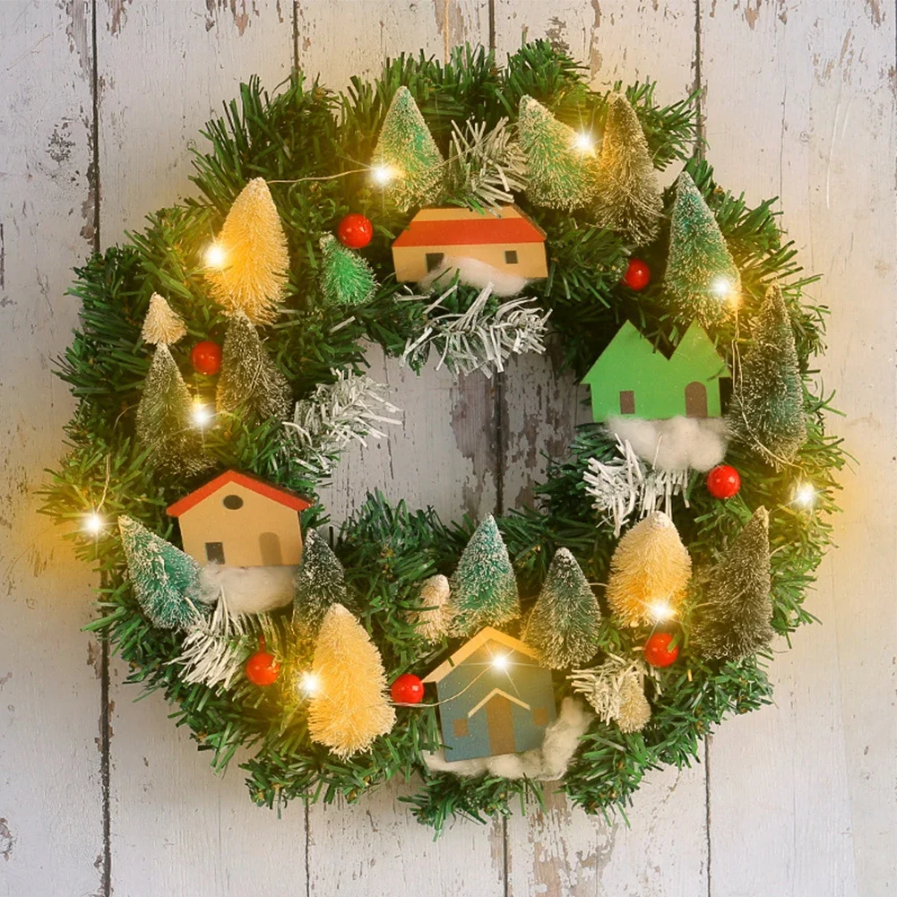

Christmas Wreath with Lights LED House Pine Tree Berries Hanging Wreath DIY Artificial Hanging Ornament 2023 Navidad Wall Decor