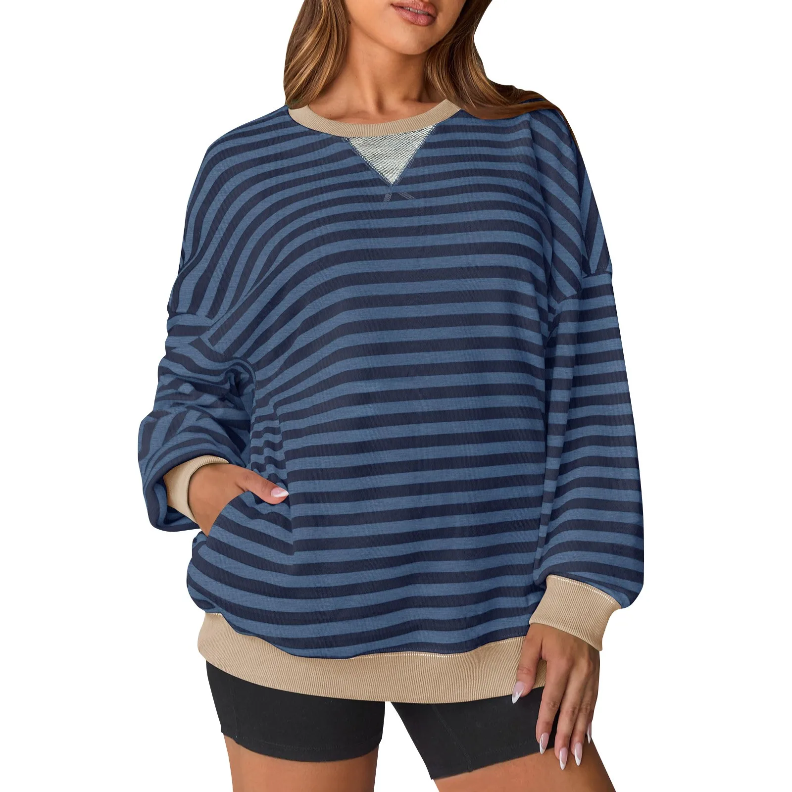 Women's Y2k Korean Striped Color Blocking Long Sleeved Round Neck Sports Shirt Autumn Casual Loose Fitting Pullover T-shirt Top