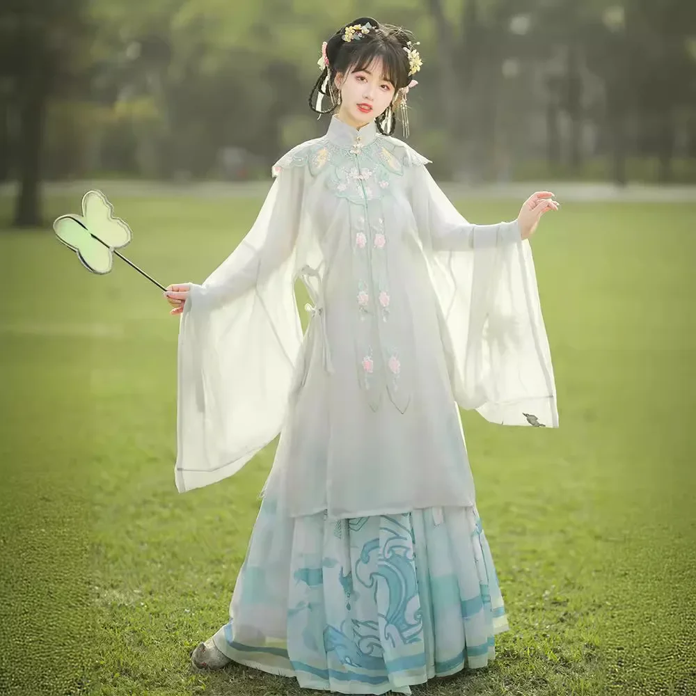 Saia plissada hanfu feminina, ombro feito pela Ming, cardigã de gola alta, vestido antigo, estilo chinês