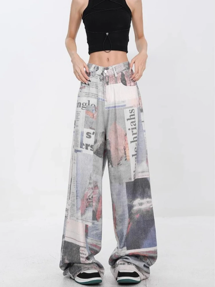 

2024 New American Vintage Newspaper Print Design Wide Leg Jeans Women Full Length Denim Pants Woman