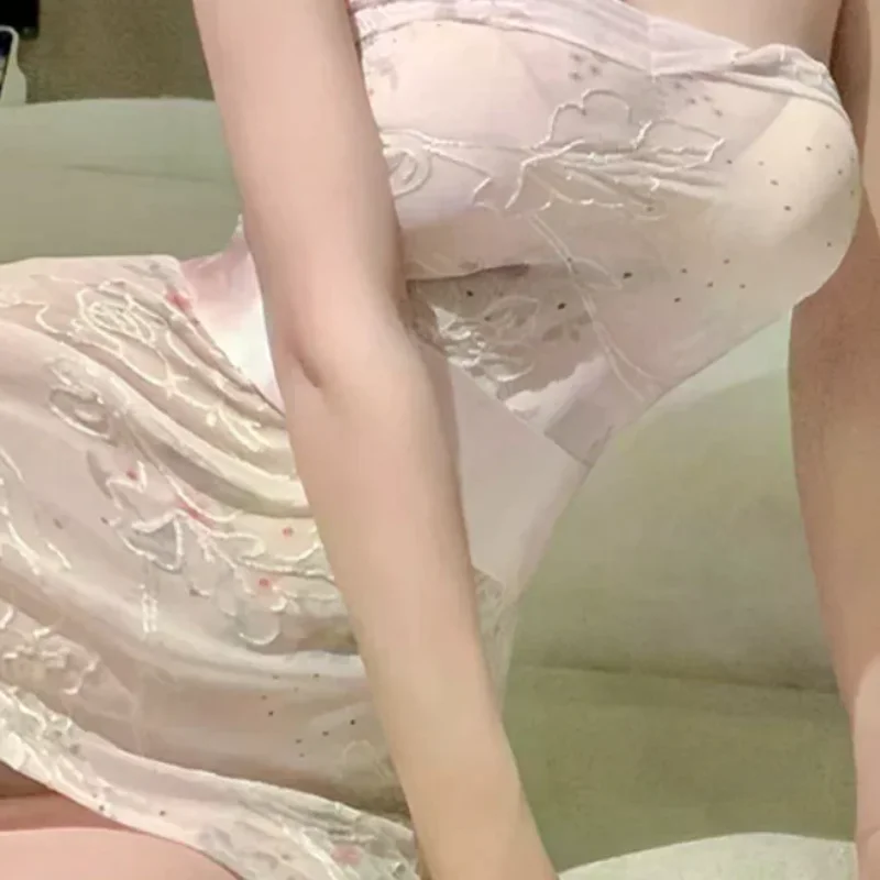 

Sexy Lingerie Hip-Wrapped Uniform Strapless Embroidered Print See-through Backless Nightdress