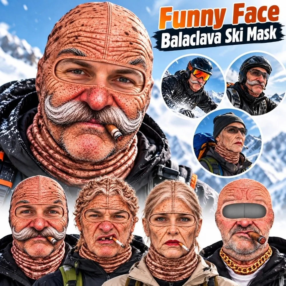 3D Face Printed Old Man Balaclava Face Mask White Mustache Elderly Man Funny Ski Mask Elastic Full Coverage Novelty Headwear
