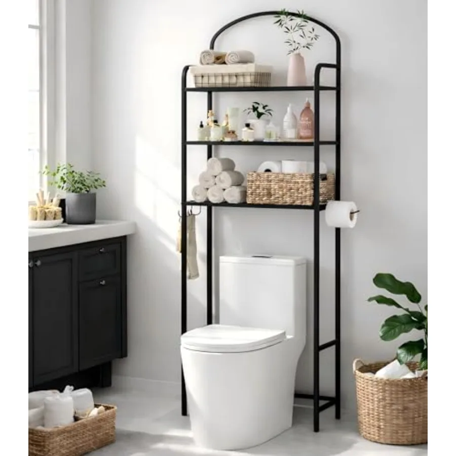 

3-Tier Over The Toilet Storage Bathroom Organizer Space-Saving Metal Shelf with 4 Hooks and Paper Holder Black