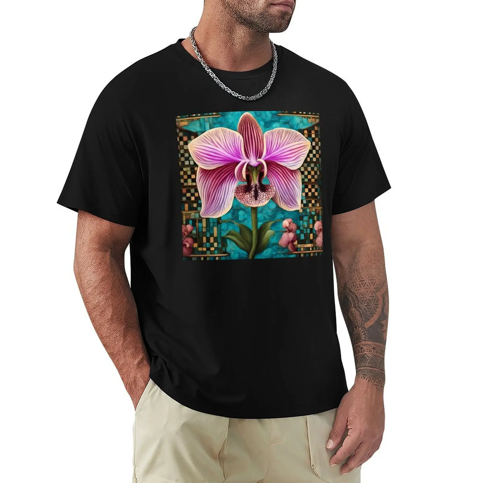 Beautiful orchid on a checkerboard background in turquoise and pink tones. T-Shirt funny t shirts dark humor T-Shirt