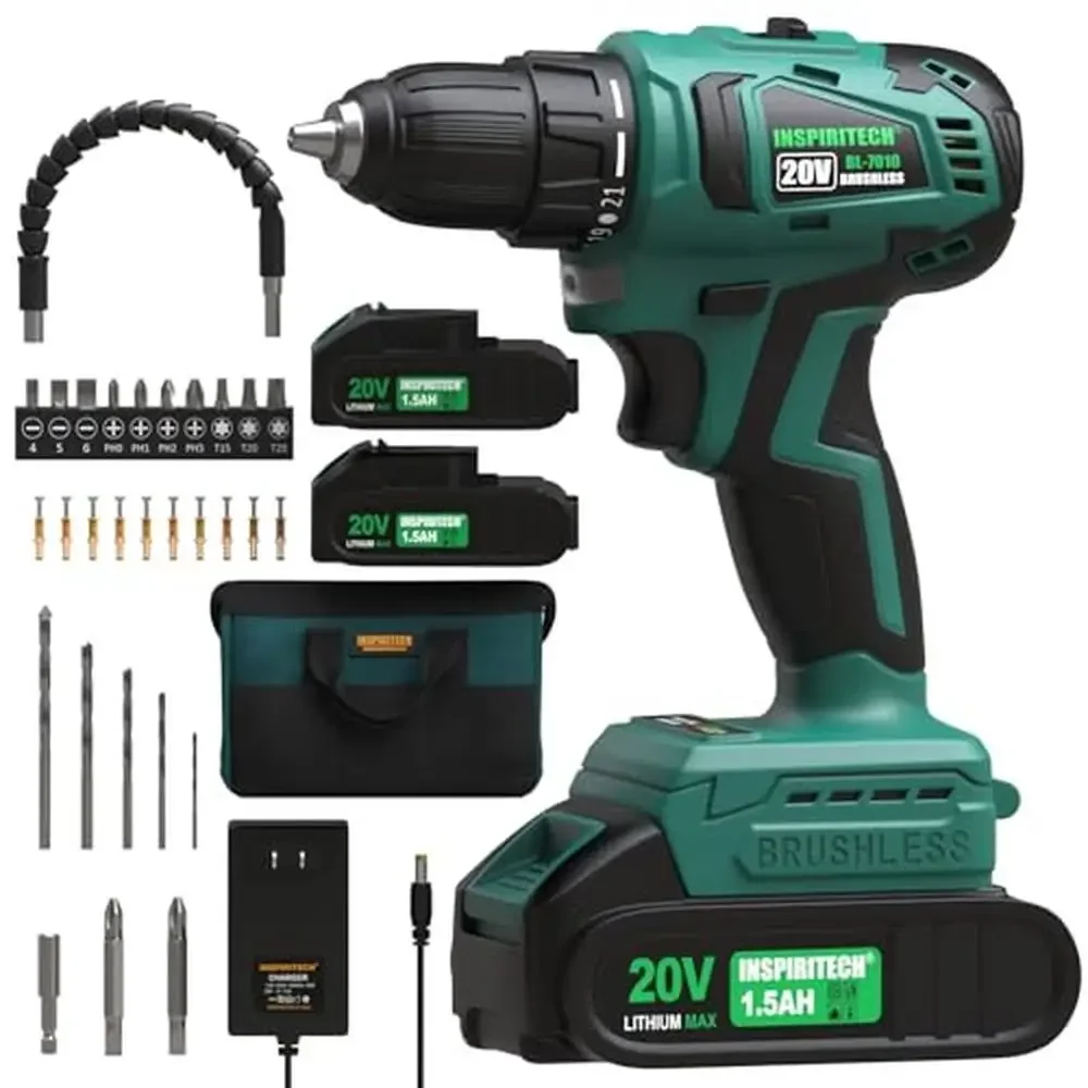 20V Brushless Cordless Drill Set 2 Batteries Charger 3/8'' Chuck Electric Driver 22 Torque Lightweight LED Light Accessories