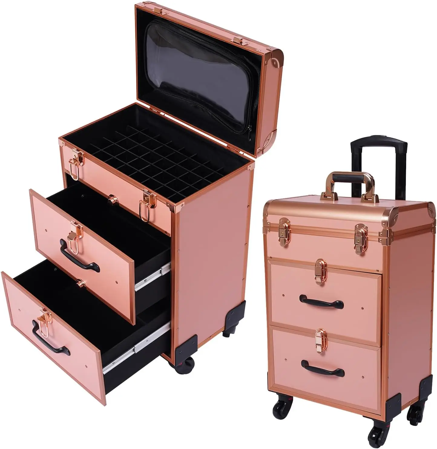 Makeup Train Case, Professional Rolling Makeup Trolley With Adjustable Dividers, Nail Polish Organizer, Jewelry Travel Cosmetic