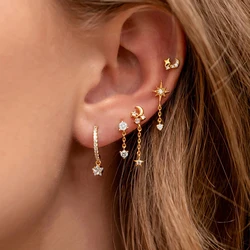 1PC Stainless Steel Cubic Zirconia Chain Hoop Earrings For Women Star Moon Unique Pendant Earring Cartilage Piercing Jewelry