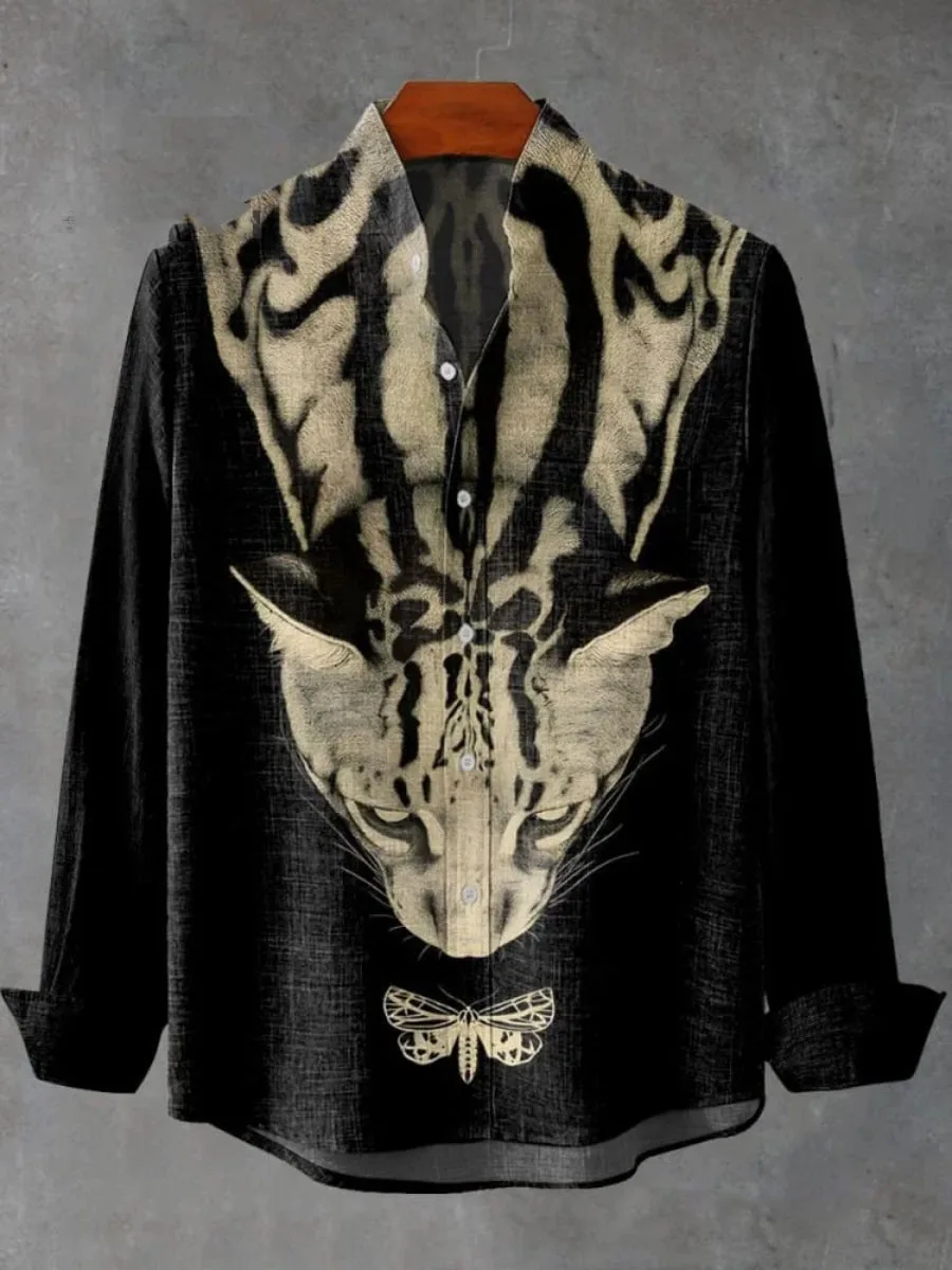 Muzułmańska Odzież Męska Jesień Najlepiej Sprzedająca się Męska Koszula Lniana z Długim Rękawem z Retro Nadrukiem Kotka Ropa Hombre