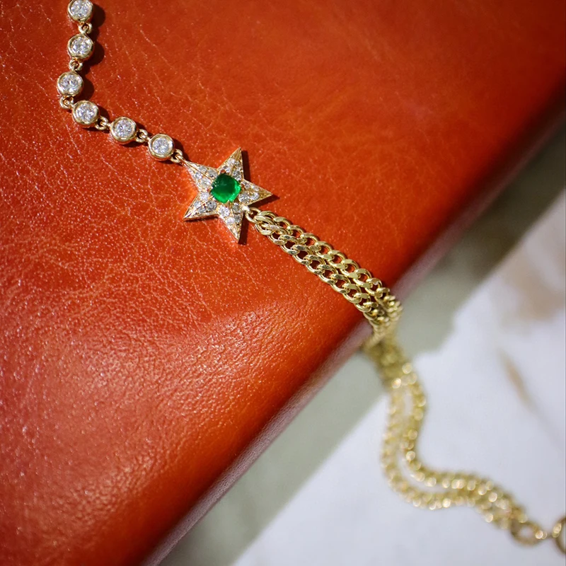 Aazuo High Quality Fashion 18K Yellow Gold Real Diamonds Natural Emerald Lovely Star Bracelet Gifted For Women High Cass Banquet