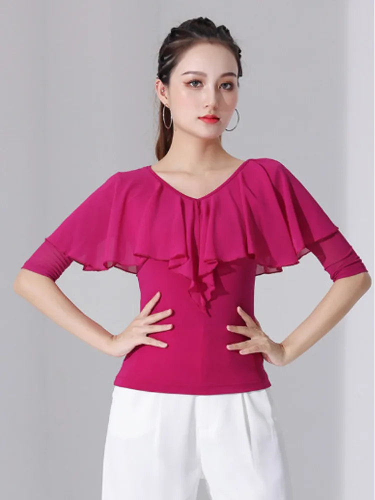 Mesh Latin Dance Practice Clothes Ballroom Competition Tops Solid Color Costume Sports Classical Ruffle Waltz 2024 New T-shirt