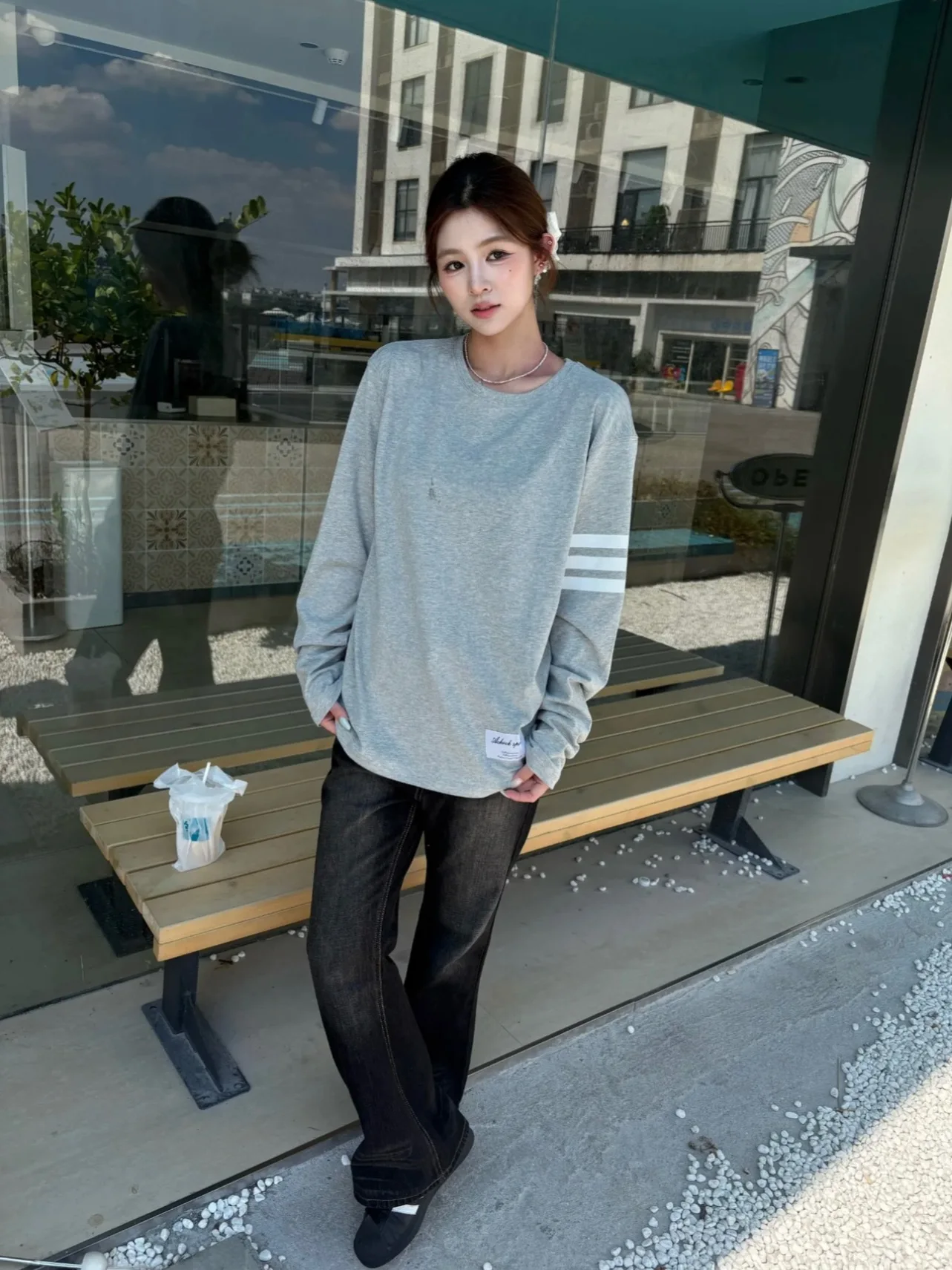 Retro American Three Bars Grey Long Sleeve Women's T-shirt Loose Base Shirt Autumn Couple Outfits Casual Fashion Top