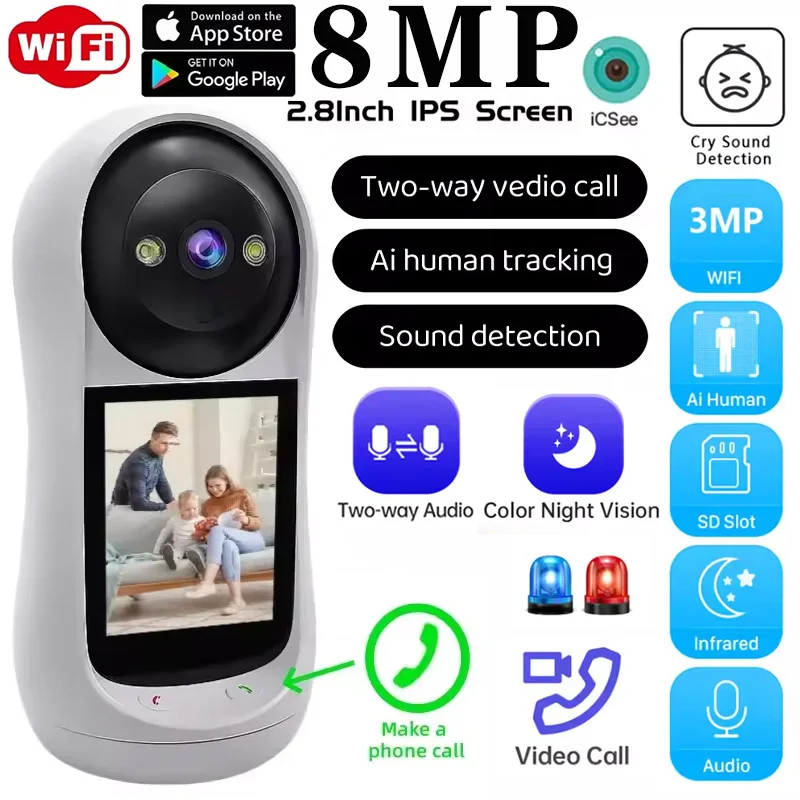 2.4G Wifi Vedio Baby Monitor 8MP Surveillance IP Camera 2.8inch Screen Sound Detection HD Smart Home PTZ Cam Security Protection