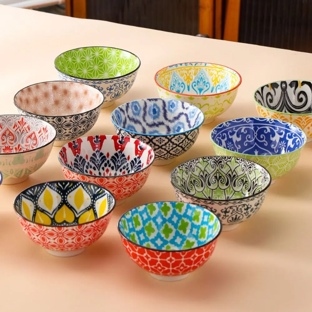 Bohemian Style Colourful Ceramic Bowl Underglaze Round Rice Bowl Household Teacup Seasoning Dipping Sauce Bowl Kitchen Tableware