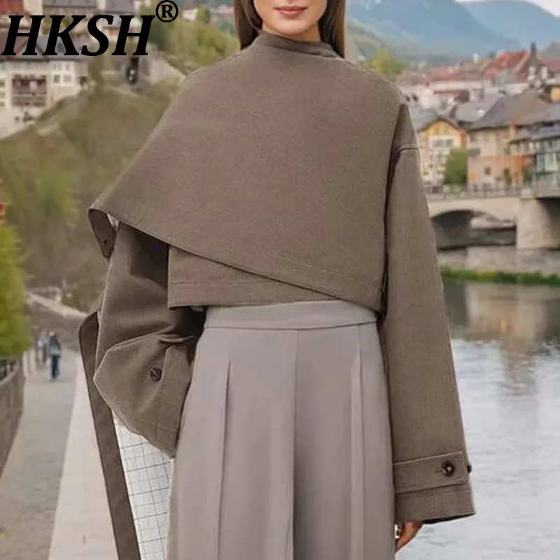 HKSH Women Cape Coat Trendy Punk Stylish Y2K Patchwork Personalized Irregular Cut Fashion Elegant Long Sleeve Short Cloak HK3171