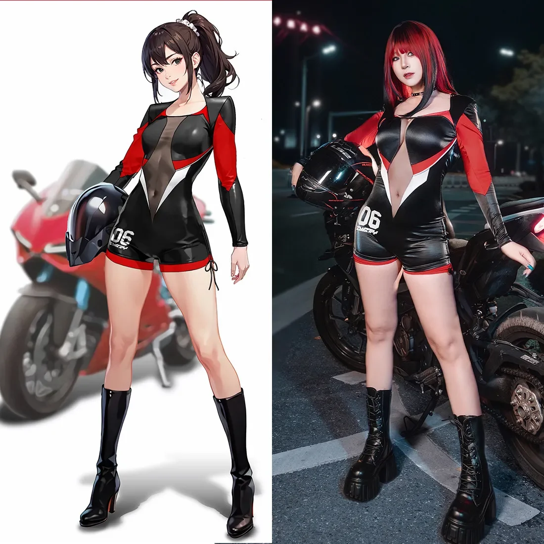 Red Black Mesh Splicing One Piece Motorcycle Suit for Women Sexy Tight Glossy Anime Cos Bodysuit