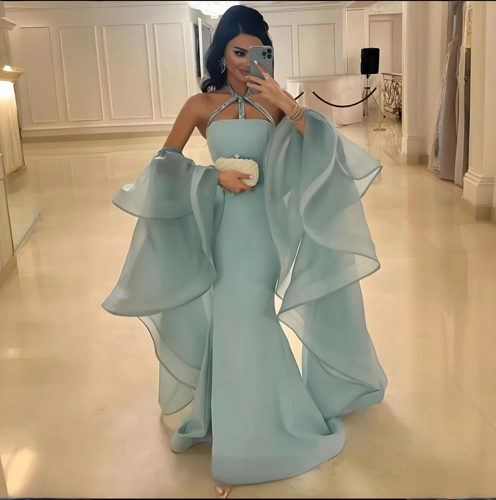 

robe de soiree Mint saudi arabic Evening Dresses Sexy Mermaid Prom dresses Organza Floor Length Halter Formal Gown Party Dress