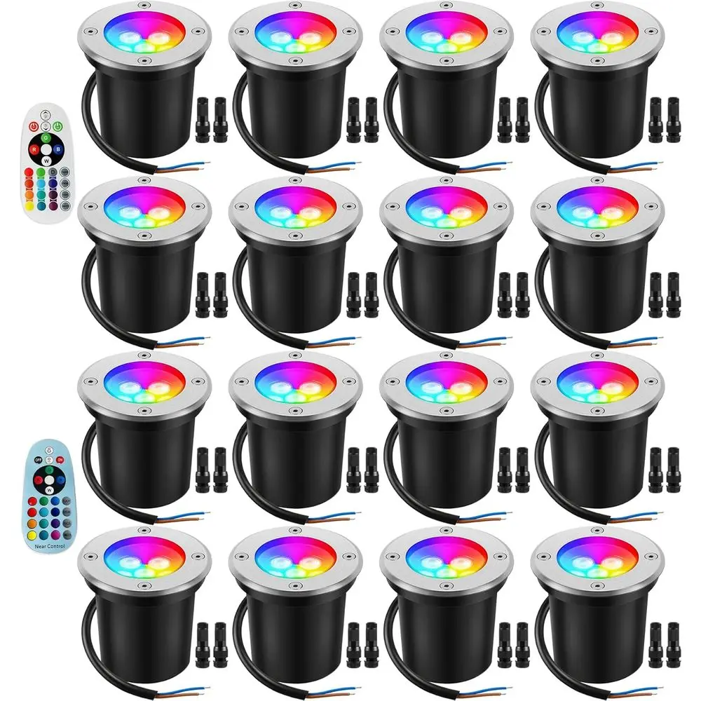 

Светодиодные RGB-светильники для грунта с изменением цвета, 10 Вт, водонепроницаемые, для улицы, террасы, сада, 12В-24В (16 штук в упаковке)