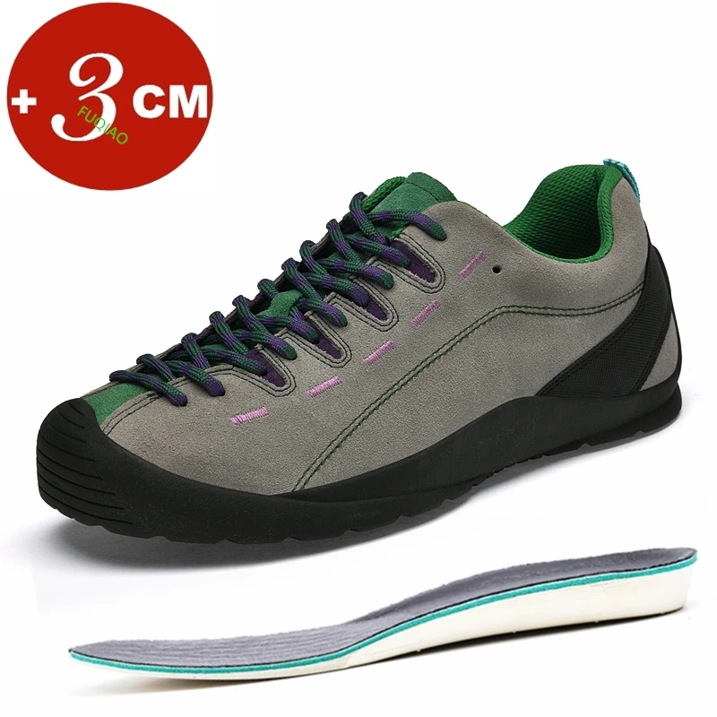 

3CM Men's Height Increase Shoes Cow Suede Leather Hiking Outdoor Climbing Trekking Shoes Non-Slip Wide Toe Elevator Sneakers