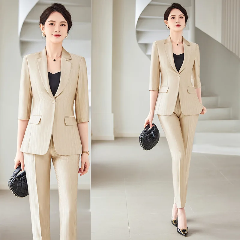 Suit Sets Ladies Temperament 2024 Spring Summer Thin Section Acetate Satin Business Wear Office Lady High-End elegant Blue Suit