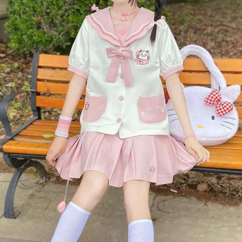 Japanese Cute Ins Soft Girls College Jk Uniform Pink Girl Print Cat Top High Waisted Pleated Skirt Cover Student Girly Clothing