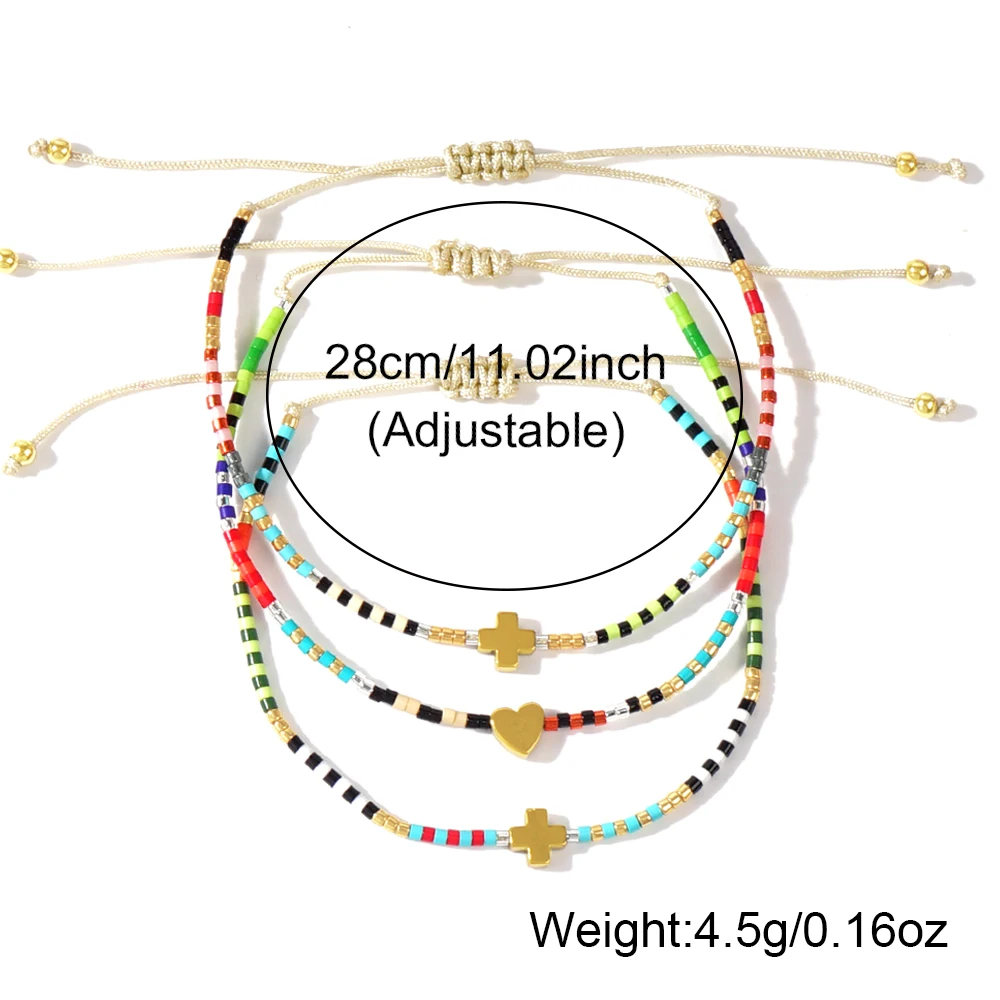 سوار مطرز بسيط بطراز بوهيمي للنساء ، حبة بذور ميوكي ، حبات الأرز ، صليب ، سحر القلب ، طقم مجوهرات ، Go2Boho ، 3