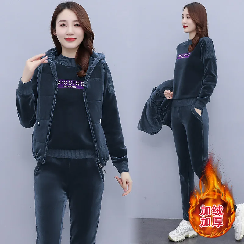 3pcs Winter Thick Velour Women Sport Suit Tracksuit Warm Loose Jacket Coat+shirt+pant Running Jogging Outfit Casual Athletic Set