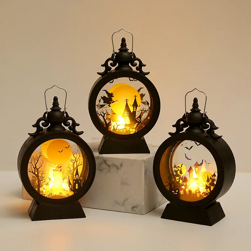 Halloween decorative wind lamp cross-border retro round portable horse lamp led electronic candle lamp atmosphere decoration
