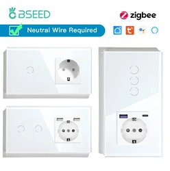 BSEED ZigBee Touch Switches 1/2/3Gang 1/2/3Way Sensor Wall Light Switches Smart Tuya Alexa With EU Standard Type-c Power Socket