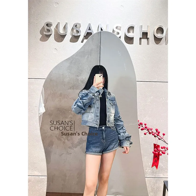 

Susan Pure Faion Early Autumn Casual Retro Blue Jeans ort Coat Women's Sli Versatile Briease ape Sve Design