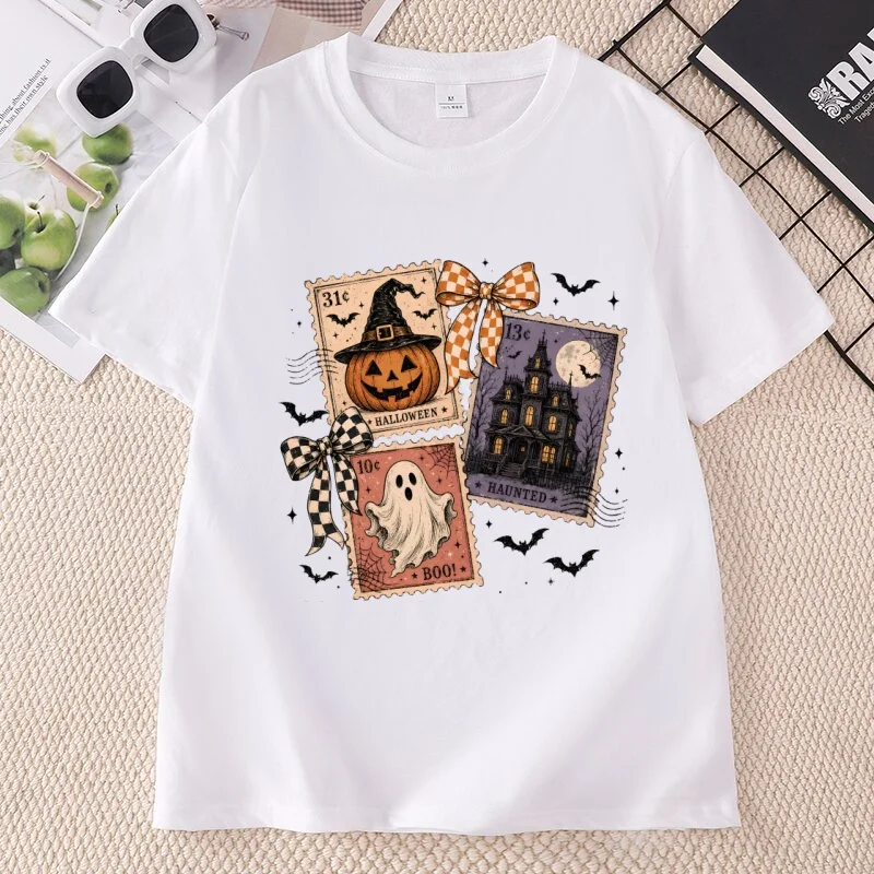 Halloween Stamp Tshirts Spooky Ghost Pumpkin T-Shirt Casual Round Neck Printed Cotton Short Sleeve Tees Unisex Fall Clothing