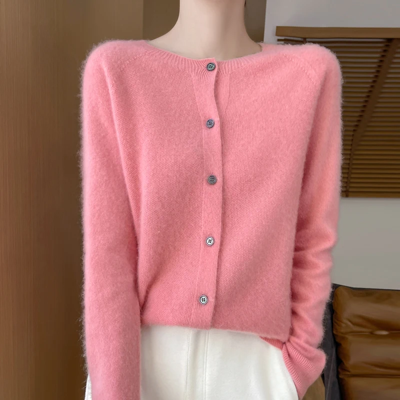 Fall/Winter 2024 new 100% Merino wool knitted round neck cardigan loose slim fashion solid color commuter sweater coat