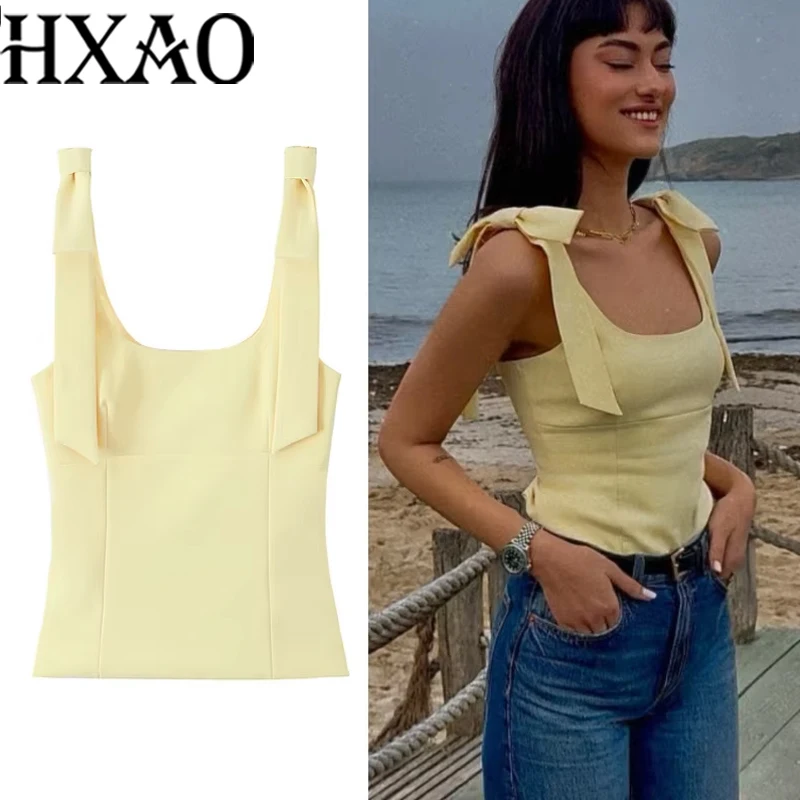HXAO 2025 Butterfly Crop Tops For Women Summer Sleeveless White Yellow Camisole Top Woman Cuteore Backless Women's Tanks Top