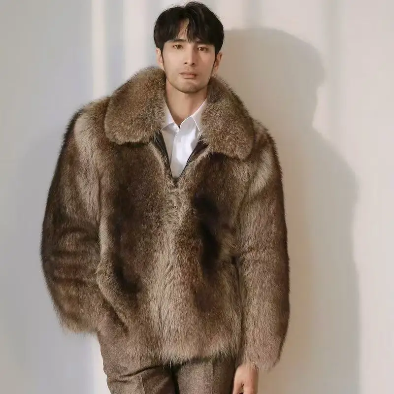 2025 New Autumn Winter Thicken Men's Fur Warm Soft Artificial Raccoon Plush Hoodies Light Luxury Fashion Tops Coat Male Overwear