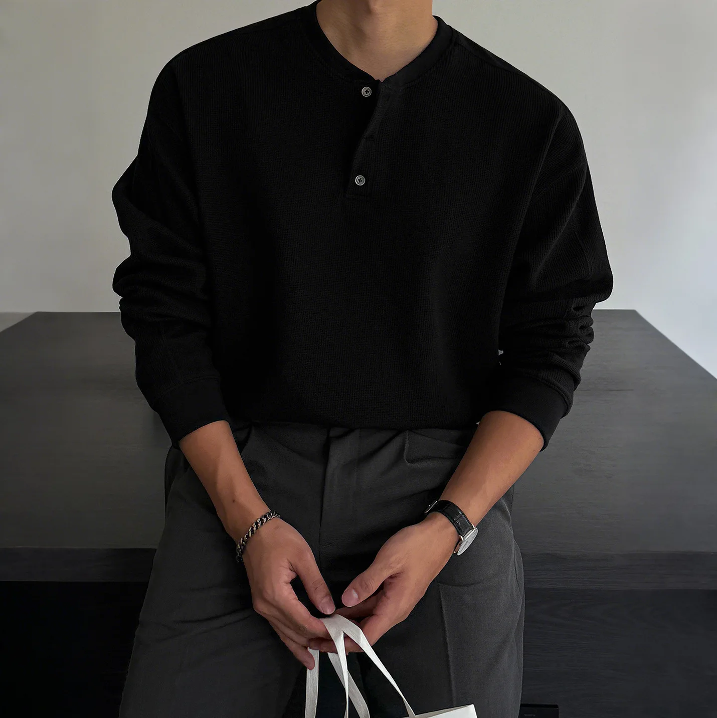 Man Base Layer 2026 New Spring Autumn Men Waffle Henley Collar Long Sleeve T Shirt Loose Old Money Style Basic Tee Soft Men Top