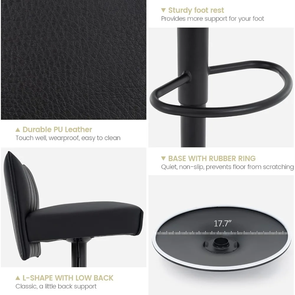 Adjustable Swivel PU Leather Bar Stool with Cushioned Seat and Low Backrest for Counter Height