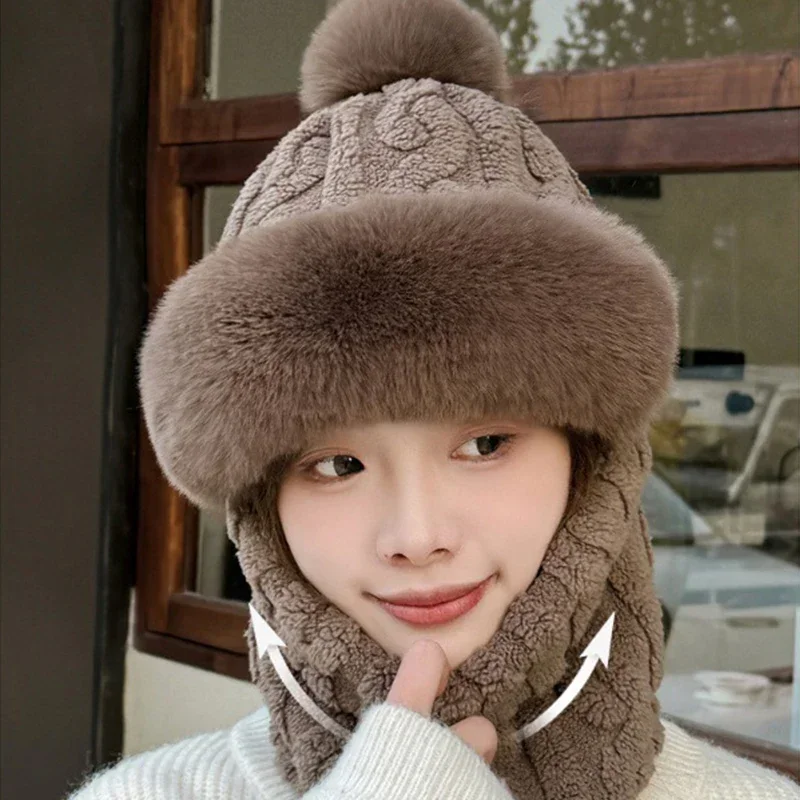 Winter Knitted Hat Scarf Mask One-Piece Plush Pompom Beanies for Women Fleece Lining Warm Bonnet Ears Neck Protection Skiing Cap