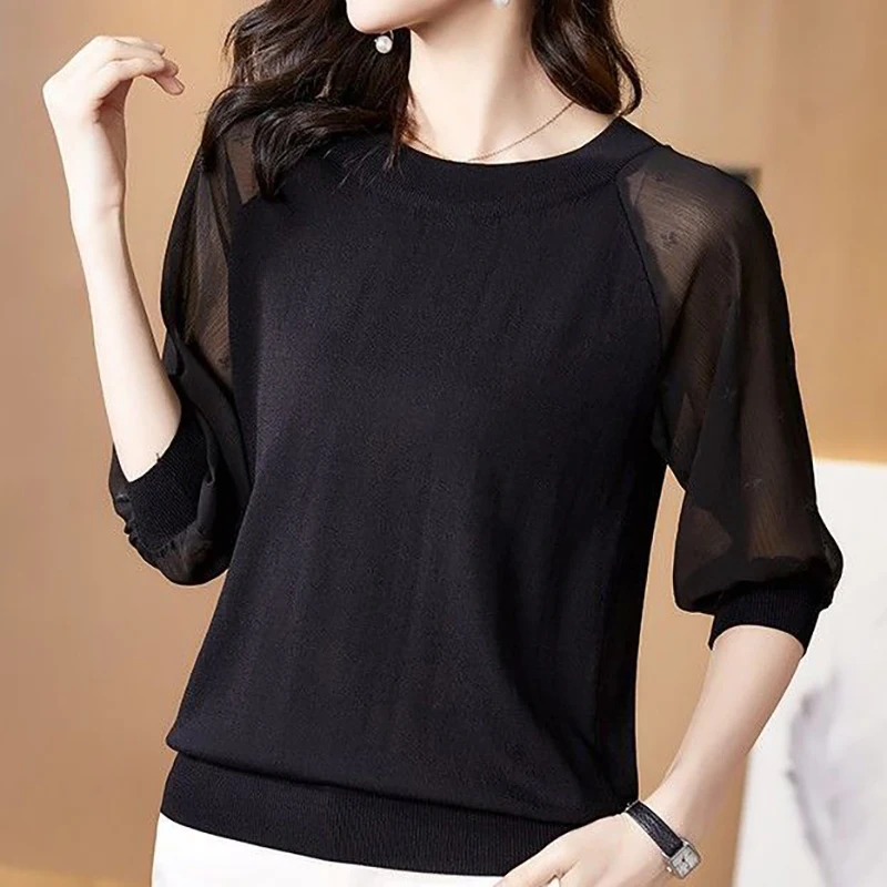 

Elegant O-Neck Solid Color Spliced Gauze Blouses Women's Clothing 2025 Spring Summer New Loose Chic Tops Office Lady Shirts