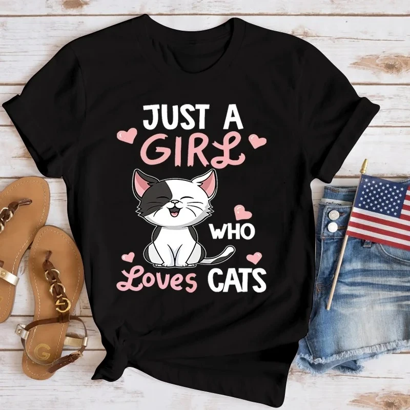 

Футболки с забавным принтом Just A Girl Who Loves Cats, женские повседневные рубашки с короткими рукавами, летние модные свободные топы, футболки с графикой Y2K