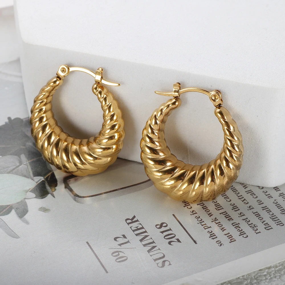 Stainless Steel Gold Color Croissant Twisted Hoop Chunky Earrings for Women Trendy Jewelry