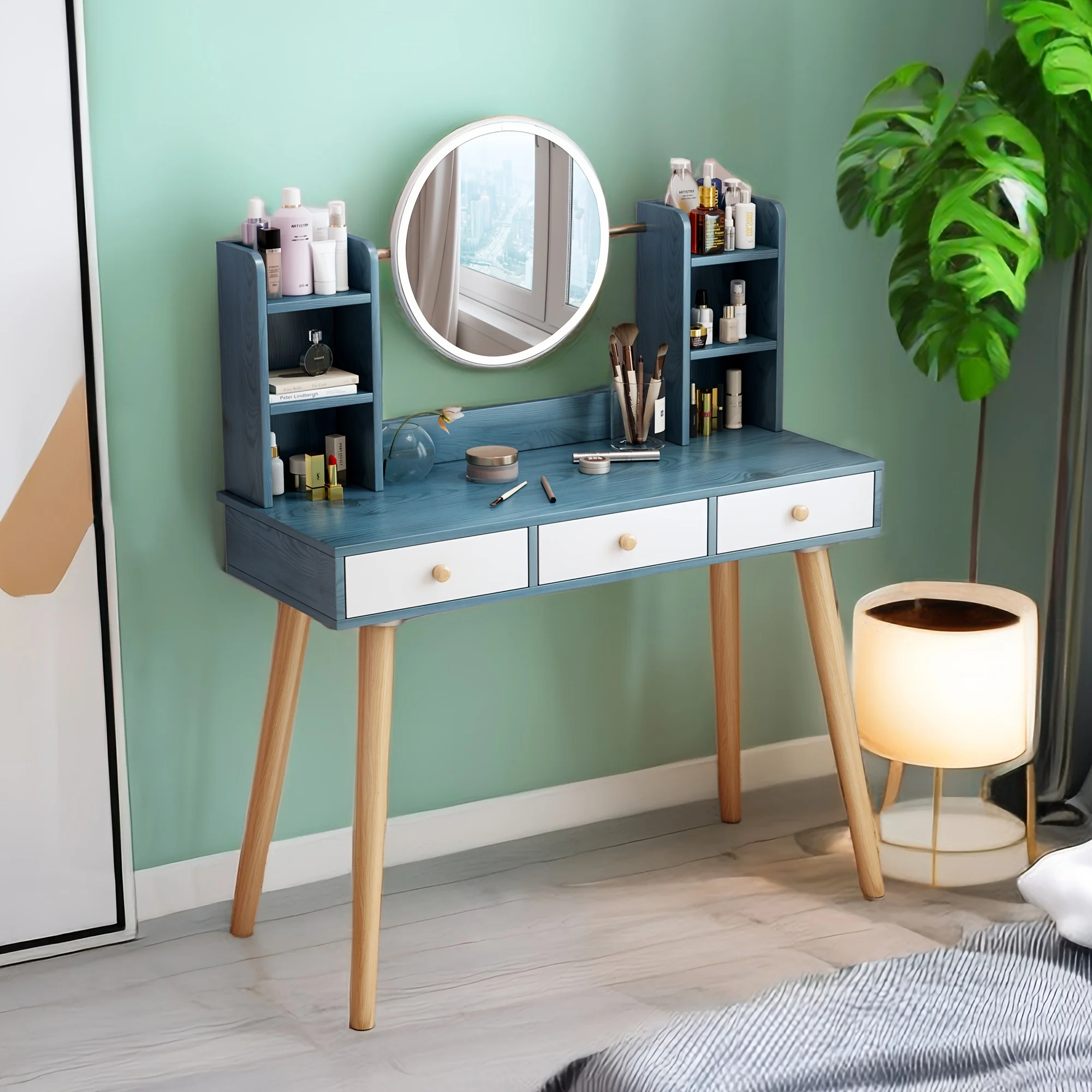 

Modern Minimalist Blue Dressing Table With 3 Drawers 6 Compartments A Makeup Mirror To Save Space Suitable For Bedrooms