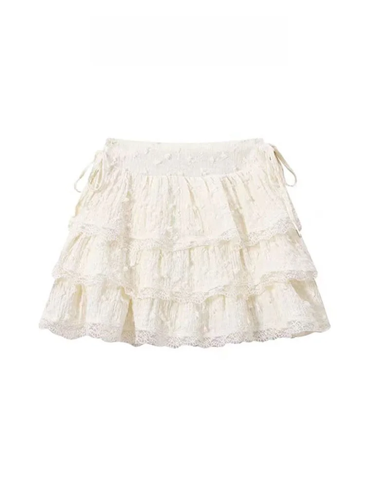 

Yellow Half-length Skirt with Lace Trim Puffy High-waist Short Cake-style Commute Design for Young Women Spring Season
