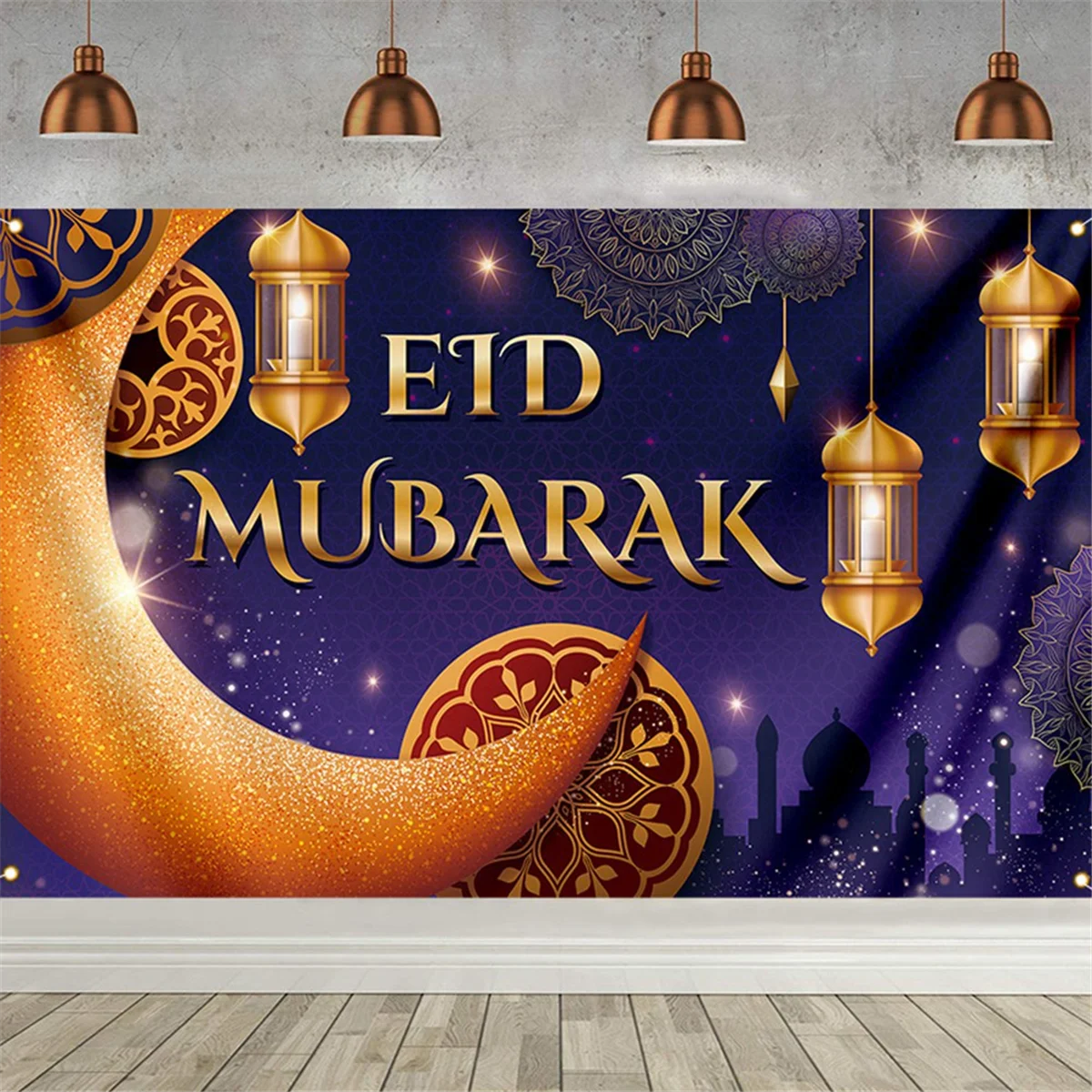 180x110cm Ramadan Festival Decor Hanging Flag Moon Row of Lights Holiday Party Photography Background Cloth,E