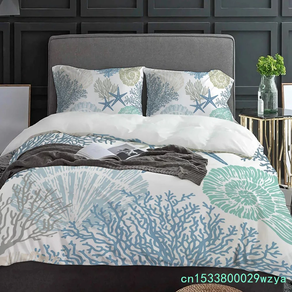 Blue Marine Coral Shells Starfish Duvet Cover With Pillow Case Custom 3pcs Bedding Set Quilt Cover Double Bed Home Textile